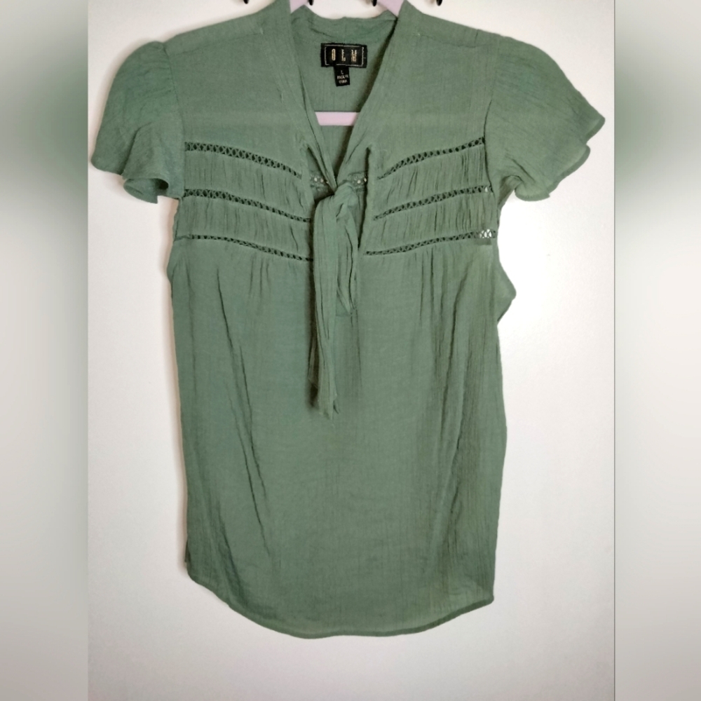OLM (Size L) Green Rayon Blend Tie Front Keyhole Flutter SS Boho Casual Blouse